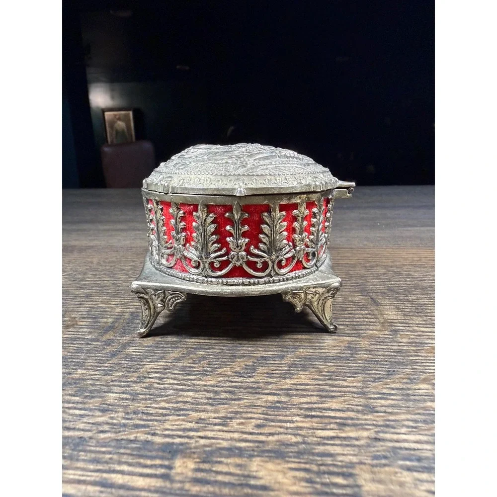 Vintage Metal‎ Jewelry Casket with Red Velvet Interior